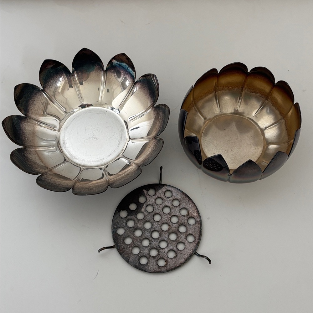 Vintage Reed & Barton 3002 Silver Plated‎ Lotus Flower Frog 3 Piece Table Decor